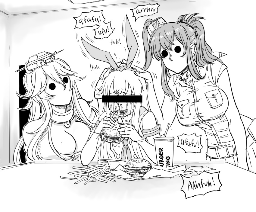 2girls bar_censor bb_(baalbuddy) blank_room_soup breast_pocket burger burger_king censored crop_top crying cup disposable_cup eating elbow_gloves english_commentary english_text fast_food fingerless_gloves food french_fries gloves hand_on_another's_head highres iowa_(kancolle) kantai_collection long_hair miniskirt monochrome multiple_girls pocket ponytail rensouhou-chan saratoga_(kancolle) school_uniform serafuku shimakaze_(kancolle) side_ponytail skirt smokestack smokestack_hair_ornament sound_effects thigh-highs
