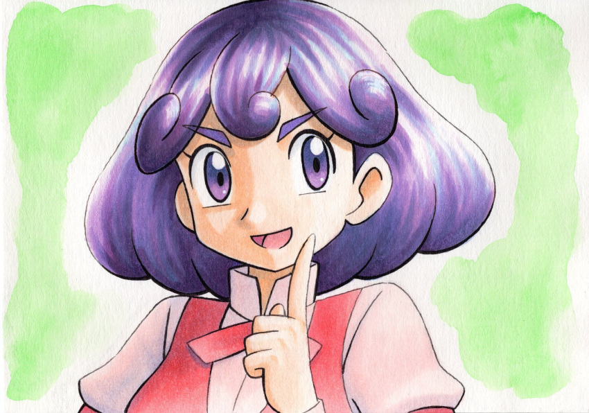 1girl :d bangs burgundy_(pokemon) commentary_request eyebrows_visible_through_hair eyelashes green_background hand_up high_collar highres index_finger_raised medium_hair neck_ribbon oka_mochi open_mouth pink_shirt pokemon pokemon_(anime) pokemon_bw_(anime) purple_hair ribbon shirt smile solo tongue traditional_media upper_body vest violet_eyes