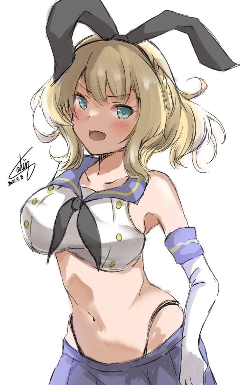 1girl black_hairband black_neckwear black_panties blonde_hair blue_eyes blue_sailor_collar blue_skirt breasts colorado_(kancolle) commentary_request cosplay cowboy_shot crop_top elbow_gloves gloves hairband highleg highleg_panties highres kantai_collection large_breasts microskirt miniskirt neckerchief panties pen_chou pleated_skirt sailor_collar shimakaze_(kancolle) shimakaze_(kancolle)_(cosplay) short_hair side_braids simple_background skirt solo underwear white_background white_gloves