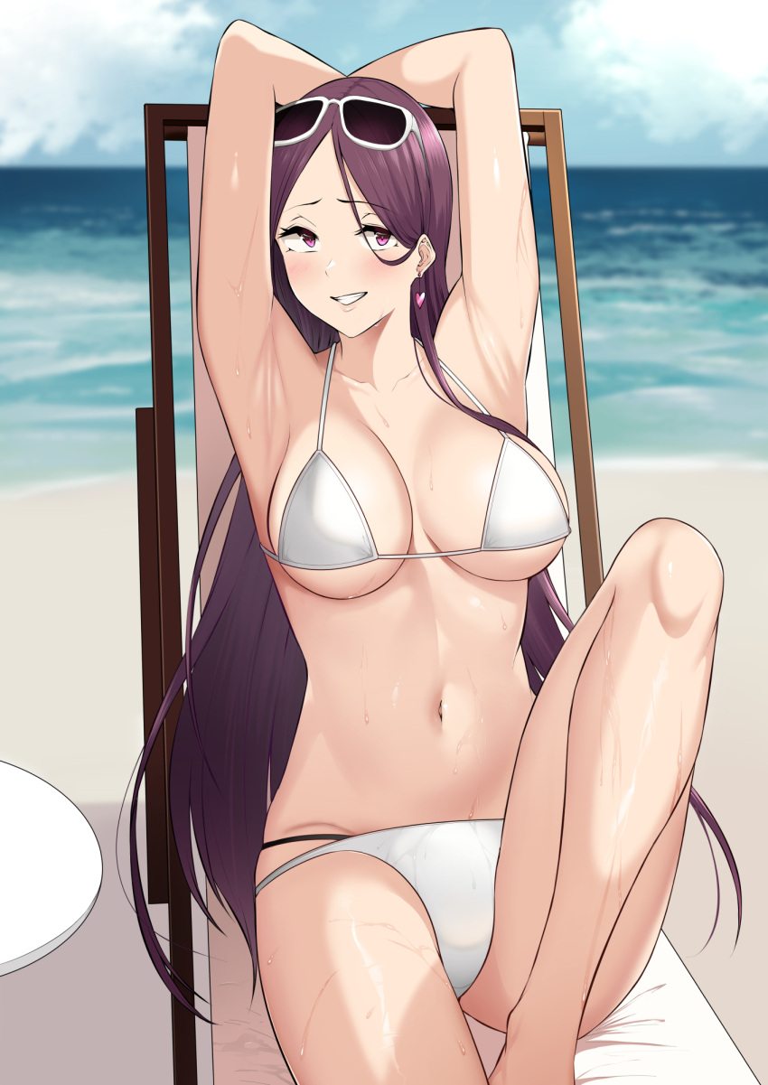 1girl armpits arms_up beach beach_chair bikini breasts clouds commentary_request earrings eyebrows_visible_through_hair eyewear_on_head gyaru heart heart_earrings highres imaizumin-chi_wa_douyara_gal_no_tamariba_ni_natteru_rashii jewelry large_breasts long_hair navel nori_gorou ocean original parted_lips presenting_armpit purple_hair sitting sky stomach sunglasses swimsuit teeth violet_eyes water wet wet_clothes