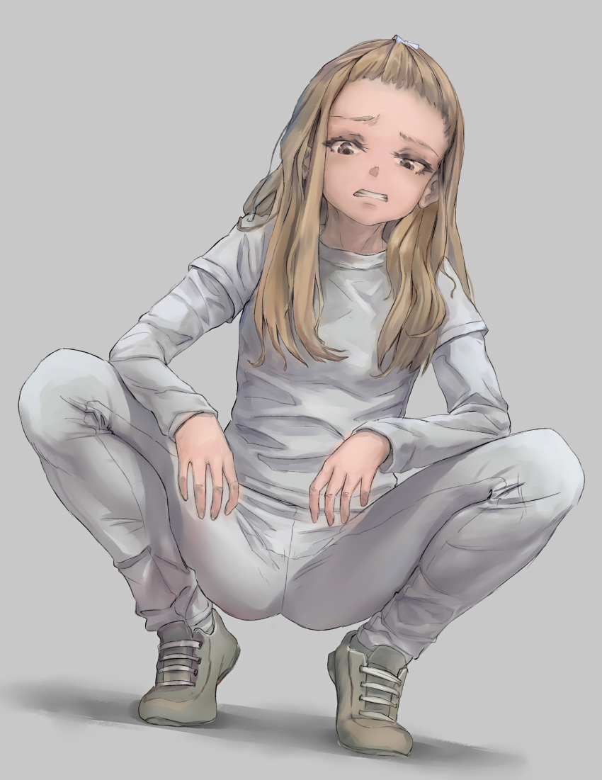 1girl absurdres arms_on_knees blonde_hair brown_eyes casual delinquent_expression grey_background grey_pants grey_shirt hair_ornament hairclip highres iskanderednaksi long_hair long_sleeves looking_at_viewer original pants raised_eyebrow shadow shirt shirt_under_shirt shoes simple_background slav_squatting sneakers solo squatting t-shirt teeth