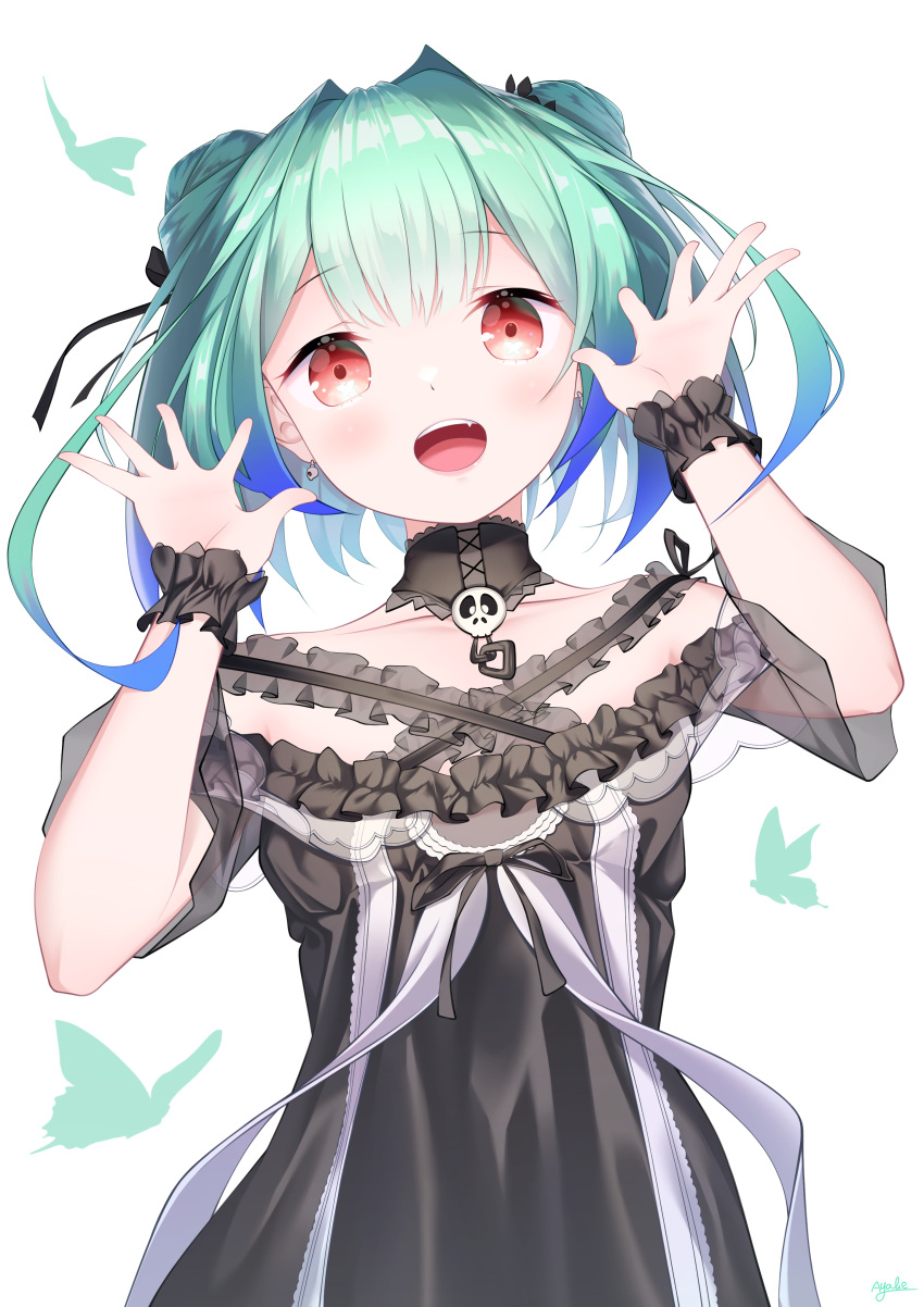 1girl :d absurdres bare_shoulders black_choker black_dress blue_hair brooch canna_819 choker double_bun dress earrings fang flat_chest frilled_dress frilled_straps frills gradient_hair green_hair hair_ribbon hands_up highres hololive jewelry multicolored_hair off-shoulder_dress off_shoulder open_mouth red_eyes ribbon see-through_sleeves short_sleeves simple_background skull_earrings smile solo upper_teeth uruha_rushia virtual_youtuber white_background wristband