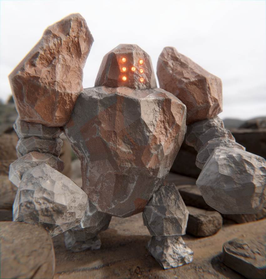 cameron_nanney commentary day english_commentary glowing glowing_eyes highres legendary_pokemon no_humans orange_eyes outdoors pokemon pokemon_(creature) realistic regirock sand solo standing stone