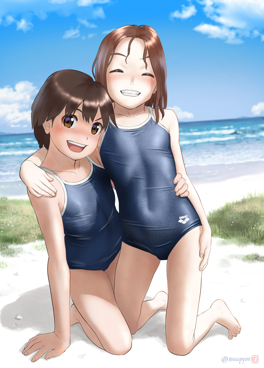2girls absurdres arena_(company) barefoot beach blue_sky blue_swimsuit blurry breasts brown_eyes brown_hair clouds commentary_request competition_school_swimsuit covered_navel day depth_of_field facing_viewer full_body grass grin hand_on_another's_shoulder highres kneeling logo looking_at_viewer mu-pyon multiple_girls original outdoors school_swimsuit short_hair sky small_breasts smile swimsuit