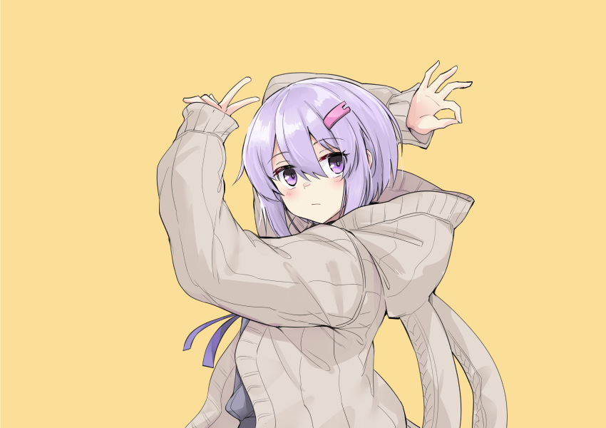 1girl a.i._voice animal_ears animal_hood arms_up blush brown_cardigan bunny_hood cardigan commentary expressionless from_side goodbye_sengen_(vocaloid) grey_shirt hair_ornament hairclip highres hood hooded_cardigan looking_at_viewer looking_to_the_side ok_sign pose purple_hair purple_neckwear rabbit_ears shirt short_hair solo upper_body v violet_eyes vocaloid voiceroid yellow_background yuzuki_yukari yuzuki_yukari_(shizuku) zooanime