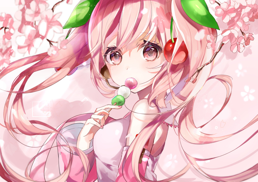 1girl absurdres bare_shoulders cherry cherry_blossoms commentary dango detached_sleeves floral_background flower food food-themed_hair_ornament food_in_mouth from_side fruit hair_ornament hatsune_miku headset highres holding holding_food long_hair looking_at_viewer looking_to_the_side nail_polish necktie pink_background pink_eyes pink_flower pink_hair pink_nails pink_neckwear pink_shirt pink_sleeves pink_theme sakura_miku sanshoku_dango shirt shoulder_tattoo sleeveless sleeveless_shirt solo tattoo tsukasa_(pixiv34617881) twintails upper_body very_long_hair vocaloid wagashi