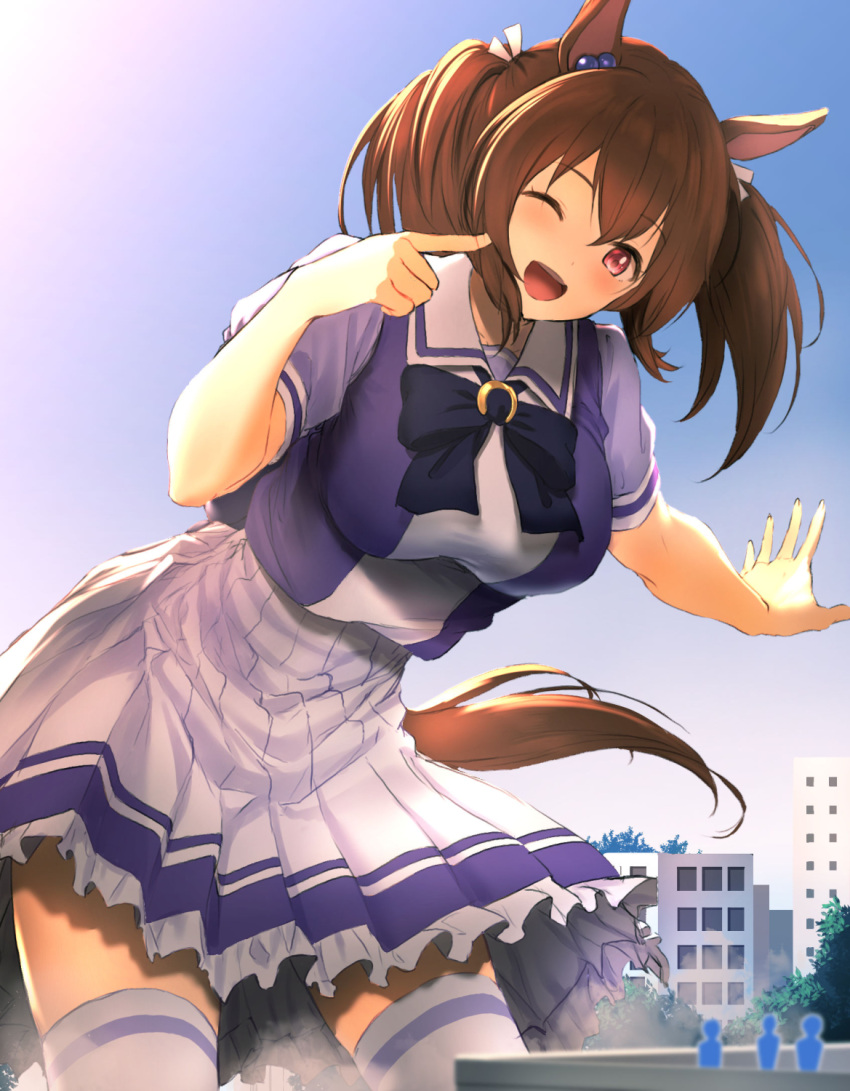 1girl animal_ears bow bowtie brown_hair building city ear_ornament eyebrows_visible_through_hair frilled_skirt frills giant giantess hachimitsu_(hachimitsu_pot) hair_ribbon highres hishi_akebono_(umamusume) horse_ears horse_girl horse_tail horseshoe_ornament long_hair one_eye_closed open_mouth pleated_skirt puffy_short_sleeves puffy_sleeves purple_neckwear purple_shirt red_eyes ribbon sailor_collar sailor_shirt school_uniform shirt short_sleeves skirt smile summer_uniform tail thigh-highs tracen_school_uniform twintails umamusume white_legwear white_ribbon white_skirt