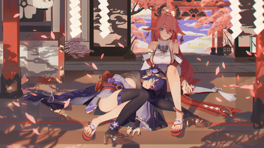 2girls absurdres animal_ears bangs bare_shoulders braid breasts bridal_gauntlets cherry_blossoms coattails detached_sleeves flower fox_ears genshin_impact hair_between_eyes hair_ornament highres holding_hands interlocked_fingers japanese_clothes kimono large_breasts long_hair long_sleeves looking_at_viewer lying lying_on_person miko ming_chen mitsudomoe_(shape) mole mole_under_eye multiple_girls obiage obijime on_side open_mouth pink_hair purple_flower purple_hair purple_nails raiden_shogun sash smile tassel thigh-highs toeless_footwear tomoe_(symbol) violet_eyes wide_sleeves yae_(genshin_impact) yuri