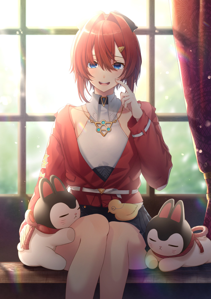 1girl absurdres ange_katrina belt blue_eyes blush cardigan cat collar curtains finger_to_cheek hair_intakes hair_ornament hairclip highres jacket jewelry light_particles necklace nijisanji open_mouth red_cardigan red_jacket redhead sebastian_piyodore shinaritu short_hair sitting smile solo triangle_hair_ornament virtual_youtuber white_belt window