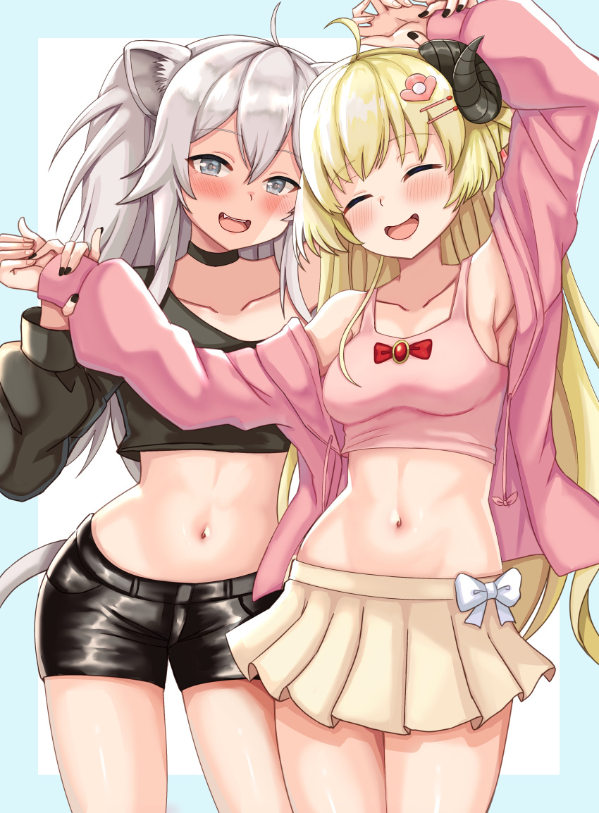 2girls absurdres ahoge alternate_costume animal_ears arm_up armpits bangs bare_shoulders black_choker black_nails black_shirt black_shorts blonde_hair blush bow breasts choker closed_eyes collarbone contrapposto cowboy_shot crop_top eyebrows_visible_through_hair grey_eyes grey_hair hair_between_eyes highres hololive horns lion_ears lion_girl lion_tail long_hair long_sleeves looking_at_viewer medium_breasts midriff miniskirt multiple_girls navel nootomo off_shoulder open_clothes open_mouth open_shirt pink_shirt pink_tank_top pleated_skirt sheep_girl sheep_horns shirt shishiro_botan short_shorts shorts sideboob skirt smile stomach tail tank_top tsunomaki_watame very_long_hair violet_eyes virtual_youtuber white_bow wrist_grab yellow_skirt