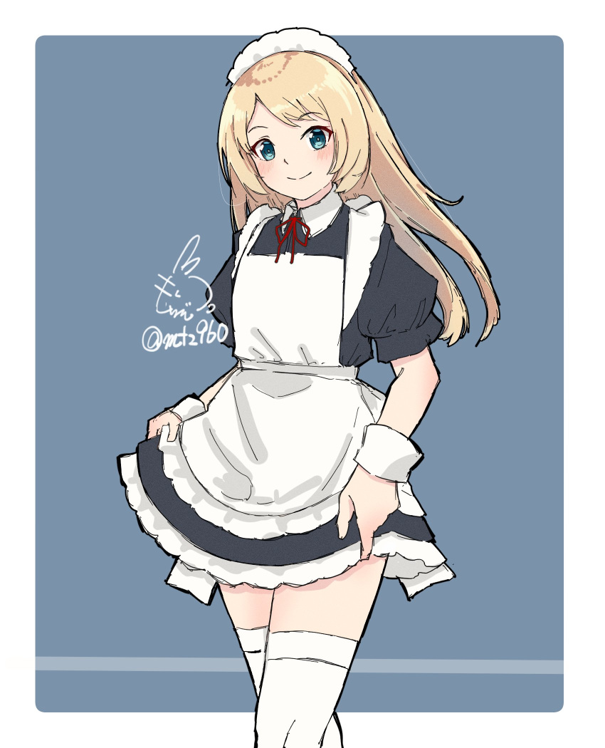 1girl alternate_costume apron artist_logo black_dress blonde_hair blue_eyes border cowboy_shot dress enmaided frilled_apron frills highres jervis_(kancolle) kantai_collection long_hair looking_at_viewer maid maid_apron maid_headdress mochizou neck_ribbon one-hour_drawing_challenge red_neckwear ribbon skirt_hold smile solo string_tie thigh-highs two-tone_background white_apron white_border white_legwear wrist_cuffs