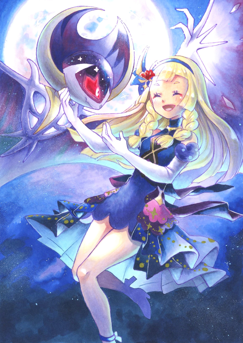 1girl :d bare_shoulders blonde_hair blue_dress blue_hairband blush braid closed_eyes commentary_request dress elbow_gloves eyelashes flower frills gloves hair_flower hair_ornament hairband high_heels highres leg_up lillie_(pokemon) long_hair momo_amai moon official_alternate_costume open_mouth pokemon pokemon_(creature) pokemon_(game) pokemon_masters_ex red_flower smile tongue twin_braids white_gloves