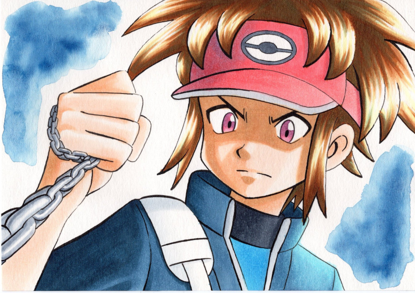 1boy bangs blake_(pokemon) blue_background blue_jacket bodysuit brown_hair chain closed_mouth commentary_request frown furrowed_brow hand_up high_collar highres holding holding_chain jacket looking_down male_focus oka_mochi parted_bangs pink_headwear pokemon pokemon_adventures short_hair solo strap traditional_media upper_body v-shaped_eyebrows violet_eyes visor_cap