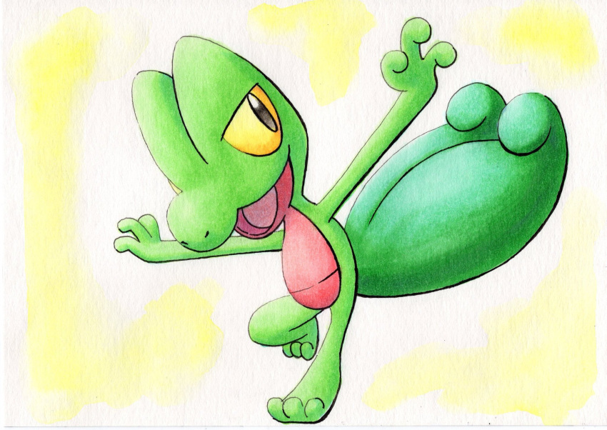 commentary_request creature full_body highres leg_up looking_up no_humans oka_mochi open_mouth outstretched_arms pokemon pokemon_(creature) smile solo standing standing_on_one_leg toes tongue traditional_media treecko yellow_background