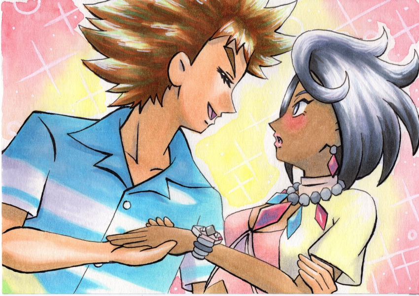 1boy 1girl bangs blue_shirt blush brock_(pokemon) brown_hair closed_eyes collared_shirt commentary_request dark-skinned_female dark_skin earrings eyelashes from_side grey_hair hetero highres holding_hands jewelry lipstick makeup necklace oka_mochi olivia_(pokemon) open_mouth pink_lips pokemon pokemon_(anime) pokemon_sm_(anime) shirt short_hair short_sleeves smile spiky_hair tongue traditional_media upper_body