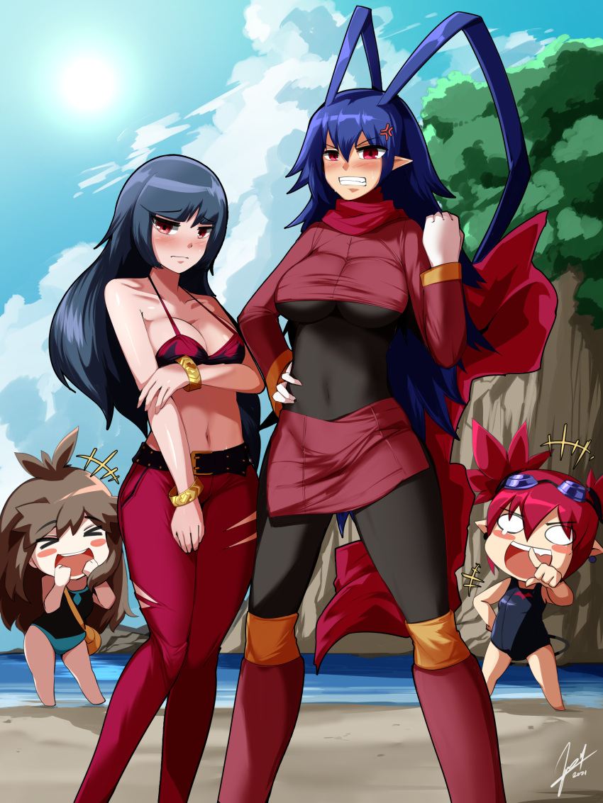 4girls absurdres anger_vein angry antenna_hair arm_under_breasts belt bikini bikini_top blue_hair blush breast_hold breasts brown_hair chibi chibi_inset cosplay costume_switch crossover disgaea doppel_(cursed_atelier) etna green_(pokemon) highres laharl-chan laughing long_scarf multiple_girls navel pantyhose red_eyes redhead sabrina_(pokemon) scarf signature swimsuit torn_clothes torn_legwear wrist_cuffs