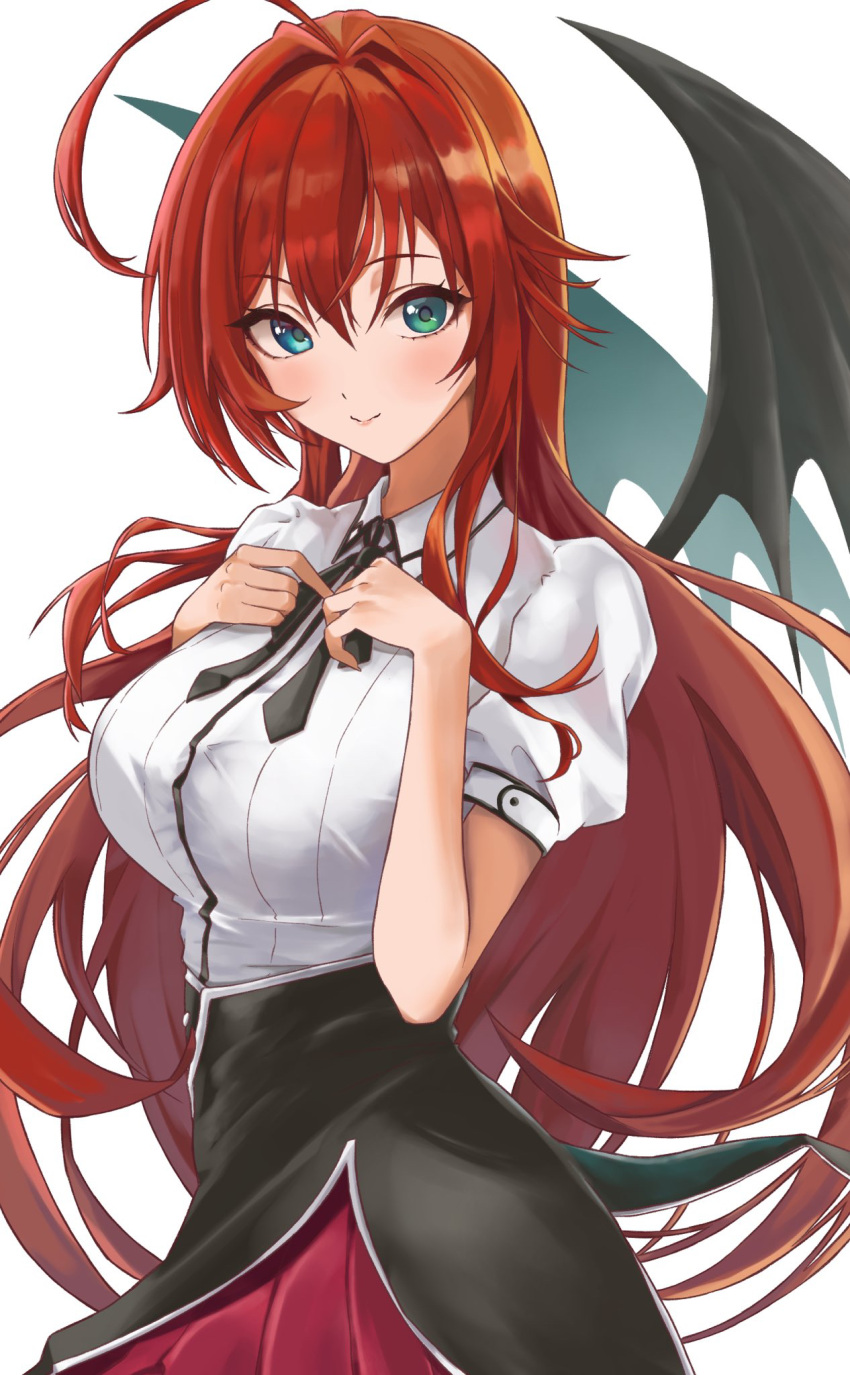 1girl ahoge black_neckwear black_ribbon black_wings blue_eyes blush closed_mouth collared_shirt cowboy_shot demon_girl demon_tail demon_wings green_eyes hair_intakes hands_on_own_chest heterochromia high_school_dxd highres huziko32 layered_skirt long_hair looking_at_viewer neck_ribbon redhead rias_gremory ribbon school_uniform shirt short_sleeves simple_background skirt smile solo tail very_long_hair white_background white_shirt wings