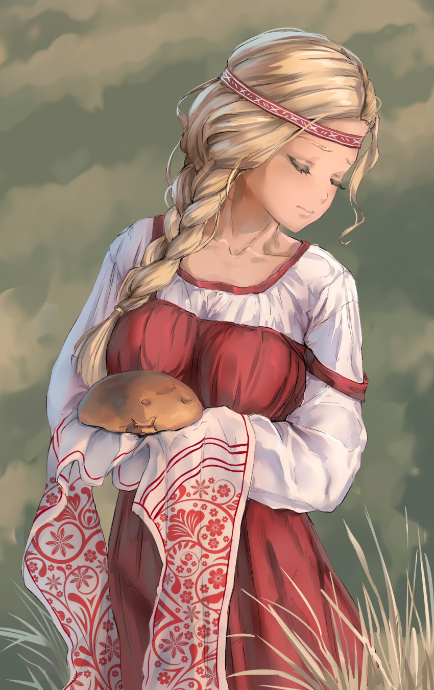 1girl absurdres barley blonde_hair braid braided_ponytail bread closed_eyes closed_mouth dress food grass headband highres holding holding_food iskanderednaksi long_hair long_sleeves original outdoors ponytail red_dress russian_clothes shirt shirt_under_dress side_ponytail slavic_clothing solo strap_slip sunlight traditional_clothes traditional_dress white_shirt