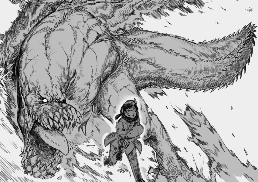 1girl 1other absurdres blood breasts constricted_pupils destruction deviljho dragon english_commentary fleeing greyscale highres holding_own_arm imminent_death injury jaw krekk0v large_breasts monochrome monster monster_hunter_(series) no_pupils open_mouth scar scared size_difference spikes tail teeth tongue wyvern