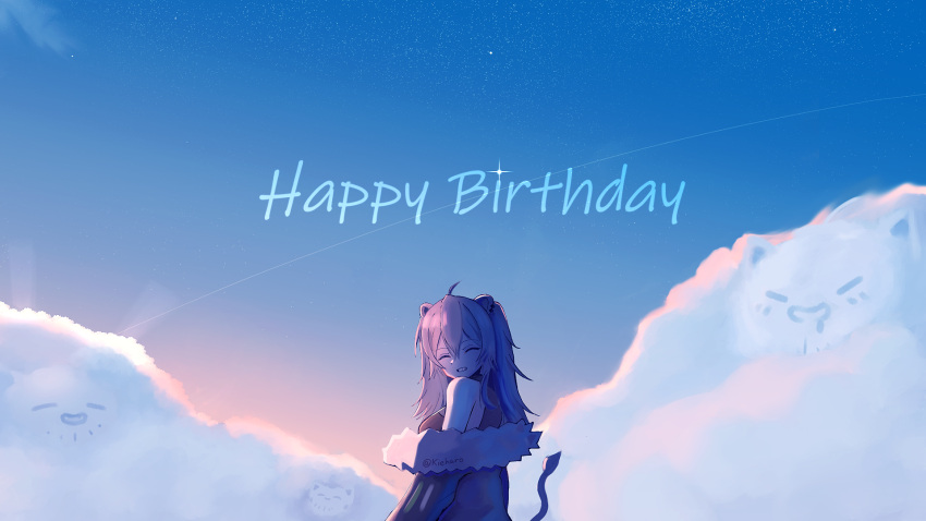1girl ahoge animal_ears black_jacket black_shirt breasts closed_eyes clouds commentary condensation_trail ear_piercing english_commentary english_text fur-trimmed_jacket fur_trim grey_hair happy_birthday highres hololive jacket kieharo large_breasts lion_ears lion_girl lion_tail long_hair looking_at_viewer looking_back messy_hair outdoors piercing shirt shishiro_botan sidelocks sky smile solo ssrb star_(sky) starry_sky sunset tail twitter_username two_side_up virtual_youtuber
