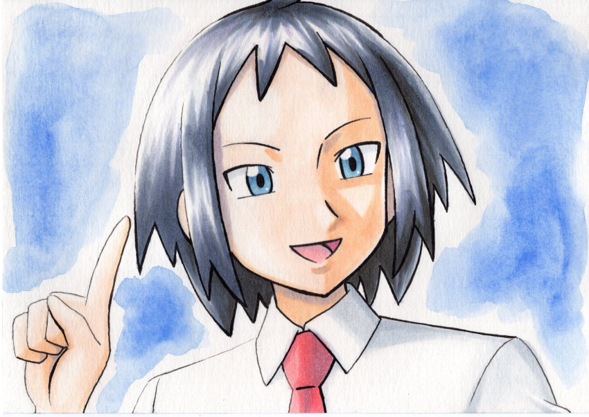 1boy :d bangs black_hair blue_background blue_eyes cheren_(pokemon) collared_shirt commentary_request hand_up highres male_focus necktie oka_mochi open_mouth pokemon pokemon_(game) pokemon_bw2 red_neckwear shirt short_hair smile solo tongue traditional_media white_shirt