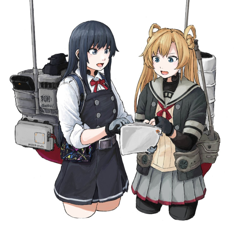 2girls abukuma_(kancolle) adapted_costume arm_warmers asashio_(kancolle) bangs belt bike_shorts black_hair black_jacket blonde_hair blue_eyes cropped_legs double_bun dress gloves grey_sailor_collar grey_skirt hair_between_eyes hair_rings highres jacket kantai_collection long_hair long_sleeves machinery multicolored multicolored_clothes multicolored_gloves multiple_girls neck_ribbon pantyhose paper partially_fingerless_gloves pinafore_dress pleated_skirt red_neckwear red_ribbon remodel_(kantai_collection) ribbon sailor_collar school_uniform serafuku shirt short_sleeves shorts shorts_under_skirt skirt tsukigime white_shirt