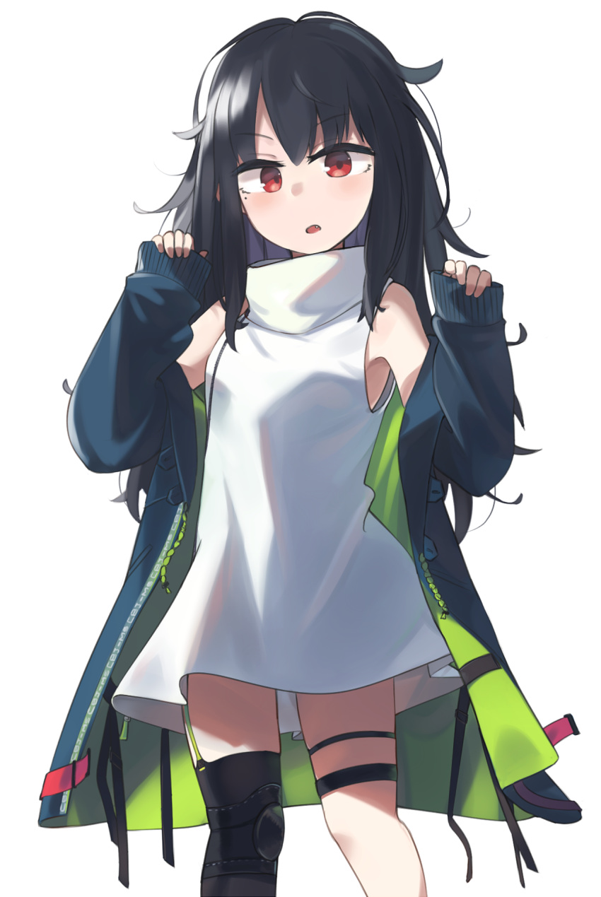 1girl :o black_hair blue_jacket blush c-ms_(girls'_frontline) eyebrows_visible_through_hair girls_frontline highres hinami047 jacket long_hair looking_at_viewer mole mole_under_eye multicolored multicolored_clothes multicolored_jacket open_clothes open_jacket open_mouth red_eyes shirt solo standing white_background white_shirt