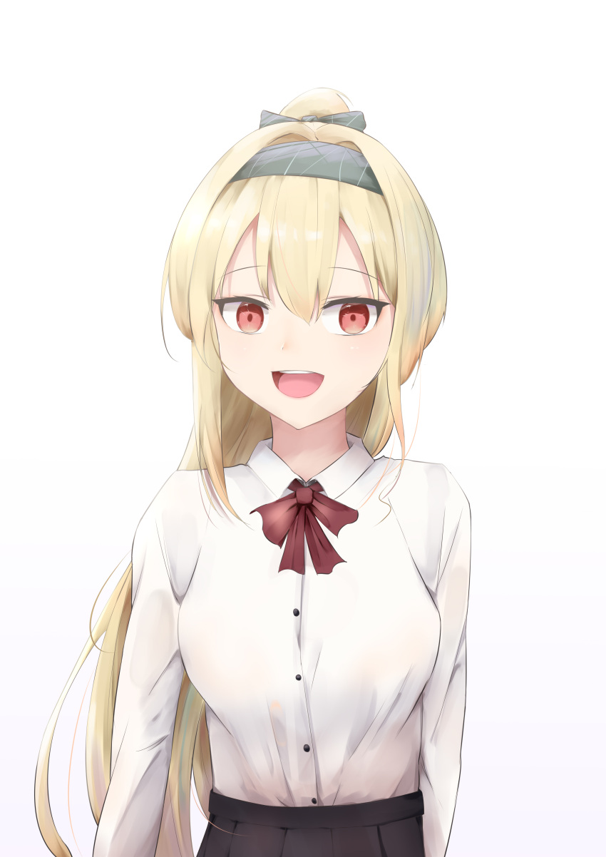 1girl absurdres black_skirt blonde_hair bow bowtie breasts eyebrows_visible_through_hair girls_frontline green_bow green_hairband hair_bow hairband highres long_hair looking_at_viewer medium_breasts open_mouth ponytail red_eyes red_neckwear shirt skirt smile solo sv-98_(girls'_frontline) tonguei white_background white_shirt