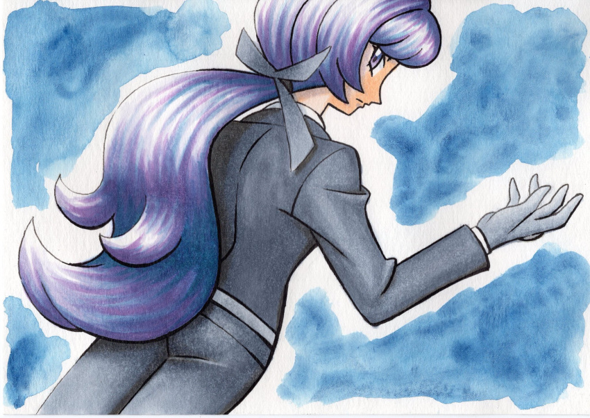 1girl anabel_(pokemon) bangs blue_background closed_mouth commentary_request eyelashes from_behind gloves grey_gloves grey_jacket grey_pants grey_ribbon hair_ribbon hand_up highres jacket long_hair long_sleeves looking_at_viewer looking_back oka_mochi pants pokemon pokemon_(game) pokemon_sm purple_hair ribbon shirt solo tied_hair traditional_media white_shirt