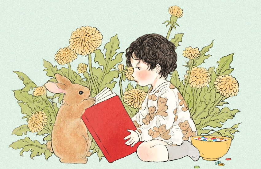 1boy animal_ears aqua_background black_hair blush book bowl cereal flower food grey_legwear holding holding_book leaf milk original plant print_shirt profile rabbit shirt short_hair sitting socks solo yellow_flower yoovora