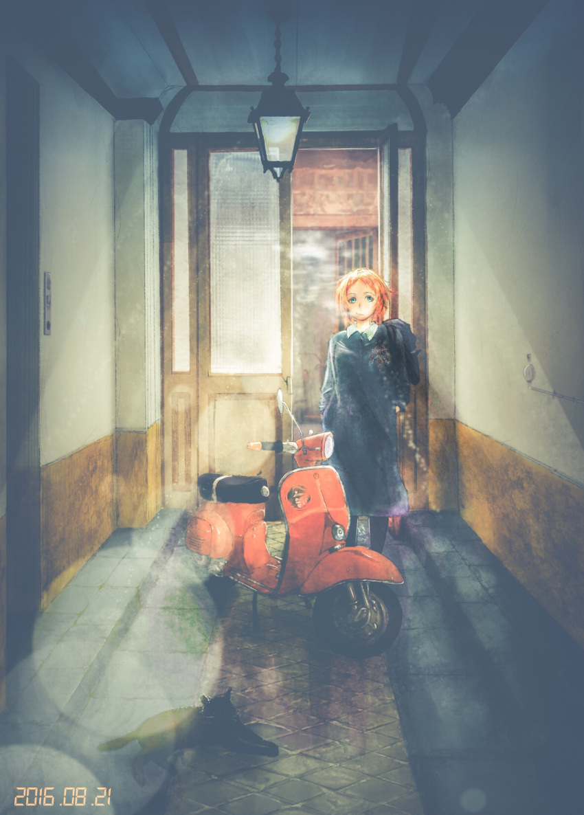 1girl absurdres aqua_eyes black_cat black_dress cat dated door dress gorilla(1844~) hands_in_pockets highres indoors long_sleeves orange_hair original short_hair solo standing wide_shot