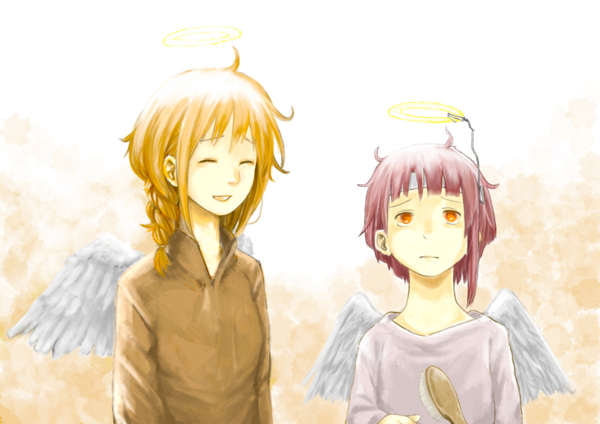 2girls absurdres angel_wings asymmetrical_hair bangs braid braided_ponytail brown_hair brown_shirt closed_eyes crossover feathered_wings grey_wings haibane_renmei hair_brush halo highres iwakura_lain multiple_girls open_mouth orange_eyes rakka_(haibane) serial_experiments_lain shirt short_hair smile upper_body white_shirt wings yasu_(shijimi_8)