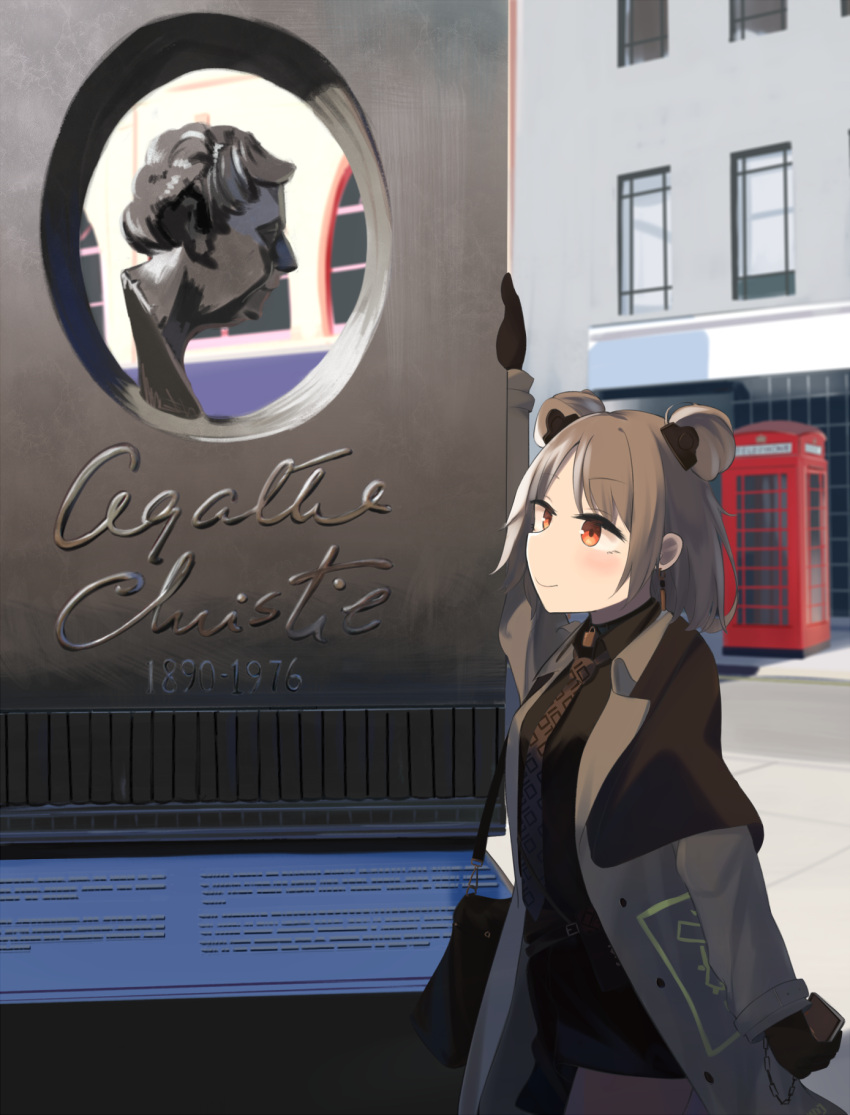 1girl bag bangs black_gloves black_shirt black_shorts brown_coat brown_neckwear cellphone closed_mouth coat double_bun earrings eyebrows_visible_through_hair girls_frontline gloves highres hinami047 holding holding_bag holding_phone jewelry light_brown_hair lock looking_away medium_hair necktie open_clothes open_coat p90_(girls'_frontline) phone red_eyes scenery shirt shorts smartphone smile solo
