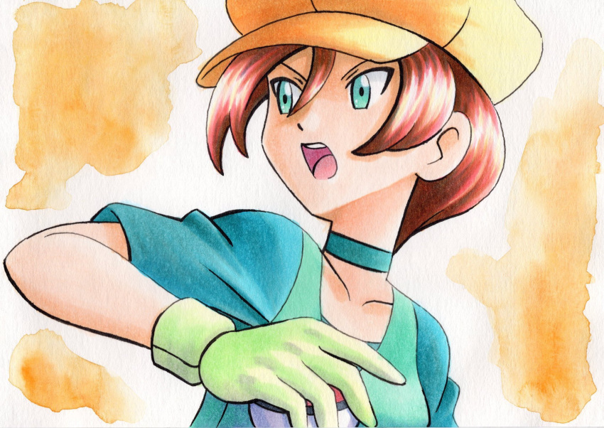 1girl bangs brown_hair choker collarbone commentary_request georgia_(pokemon) gloves green_choker green_eyes green_gloves hand_up hat highres holding holding_poke_ball looking_to_the_side oka_mochi open_mouth poke_ball pokemon pokemon_(anime) pokemon_bw_(anime) short_hair short_sleeves solo tongue traditional_media upper_body upper_teeth yellow_background yellow_headwear