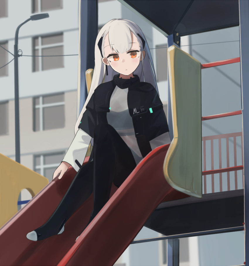 1girl ak-alfa_(girls'_frontline) bangs black_jacket black_pants closed_mouth eyebrows_visible_through_hair girls_frontline highres hinami047 jacket long_hair looking_at_viewer no_shoes open_clothes open_jacket orange_eyes pants russia scenery silver_hair sitting solo uniform white_hair