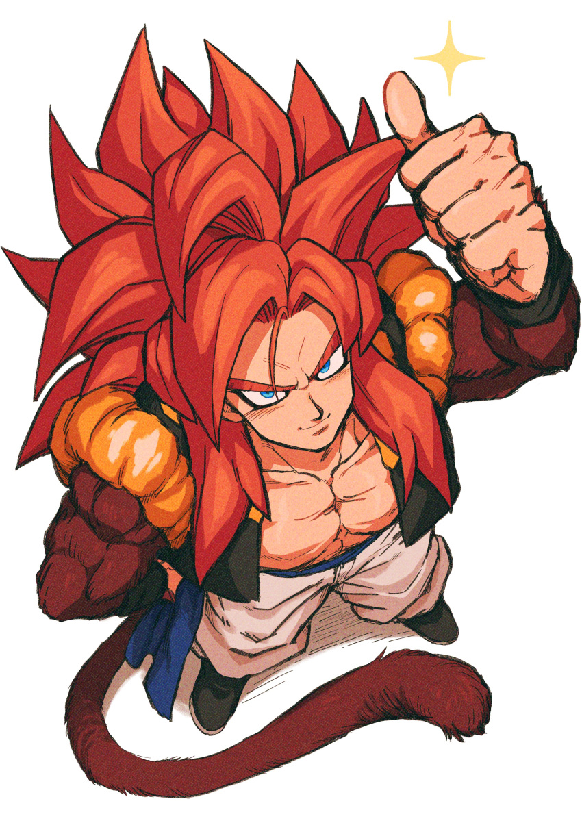 absurdres bare_pectorals biceps blue_eyes dragon_ball dragon_ball_gt from_above fusion gogeta highres looking_at_viewer looking_up monkey_boy monkey_tail no_nipples pectorals red_fur relio_db318 solo spiky_hair super_saiyan super_saiyan_4 tail thumbs_up