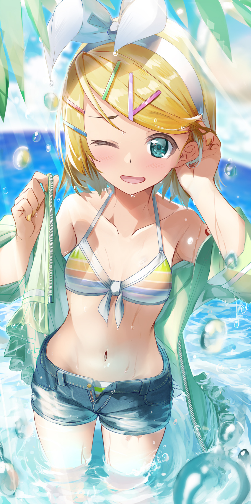 1girl :d aqua_eyes arm_up bikini blonde_hair blue_sky bow breasts clouds collarbone commentary curved_horizon daidou_(demitasse) day denim denim_shorts green_jacket hair_bow hair_ornament hairclip highres jacket kagamine_rin leaf light_rays nail_polish navel ocean one_eye_closed open_mouth outdoors short_hair shorts sky small_breasts smile solo standing striped striped_bikini sunbeam sunlight swimsuit thighs unbuttoned vocaloid wading water_drop wet
