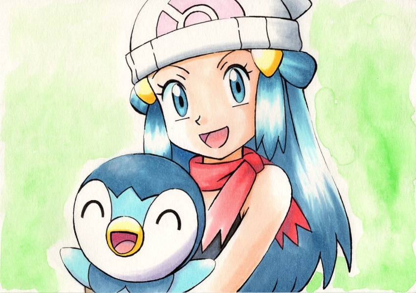 1girl :d bare_arms beanie black_shirt blue_eyes blue_hair commentary_request hikari_(pokemon) green_background hair_ornament hairclip hat holding holding_pokemon long_hair looking_at_viewer oka_mochi open_mouth piplup pokemon pokemon_(anime) pokemon_(creature) pokemon_dppt_(anime) red_scarf scarf shirt sleeveless sleeveless_shirt smile tongue traditional_media white_headwear