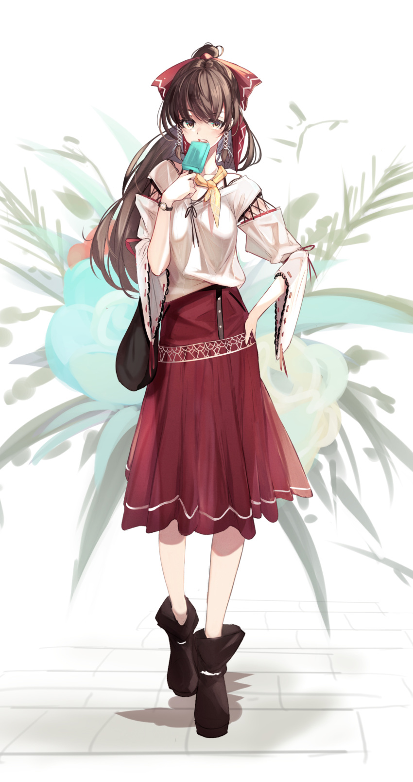 1girl absurdres ankle_boots bangs black_footwear boots bow brown_eyes brown_hair clothing_cutout commentary_request contemporary eating eyebrows_visible_through_hair food full_body hair_bow hair_tie hakurei_reimu hand_on_hip highres holding holding_food long_hair long_sleeves looking_at_viewer lumo_1121 medium_skirt neckerchief open_mouth ponytail popsicle red_bow red_skirt shirt single_horizontal_stripe skirt solo standing touhou watch watch white_shirt wide_sleeves yellow_neckwear