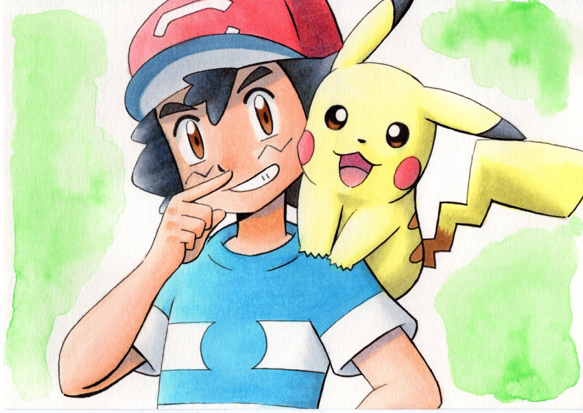 1boy ash_ketchum bangs baseball_cap black_hair blue_shirt brown_eyes commentary_request green_background grin hand_up hat highres looking_at_viewer male_focus oka_mochi on_shoulder pikachu pokemon pokemon_(anime) pokemon_(creature) pokemon_on_shoulder pokemon_sm_(anime) red_headwear shirt short_hair short_sleeves smile striped striped_shirt teeth traditional_media upper_body