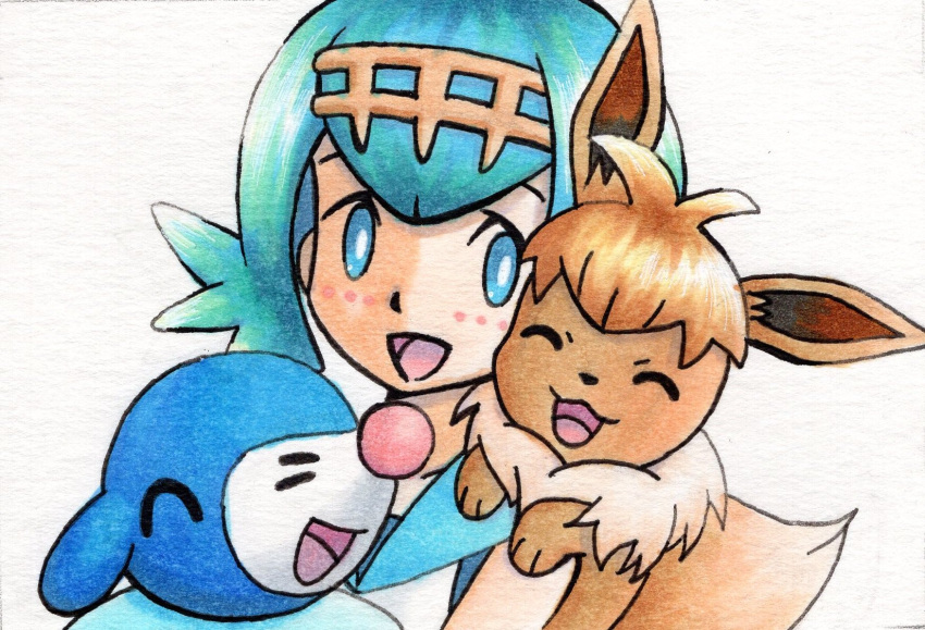 1girl :d bangs blue_eyes blue_hair blue_sailor_collar bright_pupils commentary_request eevee freckles hairband highres lana_(pokemon) looking_at_viewer no_sclera oka_mochi on_shoulder open_mouth pokemon pokemon_(anime) pokemon_(creature) pokemon_on_shoulder pokemon_sm_(anime) popplio sailor_collar shirt short_hair sleeveless sleeveless_shirt smile tongue traditional_media white_background white_pupils white_shirt yellow_hairband