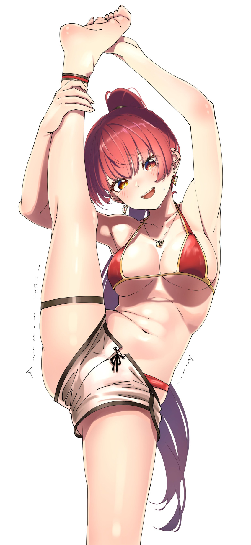1girl absurdres barefoot bikini breasts earrings heterochromia high_ponytail highleg highleg_bikini highres hololive houshou_marine jewelry large_breasts long_hair looking_at_viewer murakami_ryouga necklace open_mouth red_bikini red_eyes redhead shorts solo split standing standing_on_one_leg standing_split sweat swimsuit thigh_strap trembling virtual_youtuber white_background white_shorts yellow_eyes