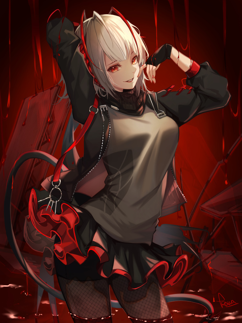 1girl absurdres antenna_hair arknights arm_behind_back arms_up black_gloves black_jacket black_skirt blood breasts brown_legwear contrapposto demon_girl demon_horns demon_tail fingerless_gloves gloves grey_shirt highres horns jacket kawausoman large_breasts lipstick long_sleeves looking_at_viewer makeup miniskirt multicolored_hair open_clothes open_jacket pantyhose parted_lips petticoat red_background red_eyes red_lips redhead shirt short_hair signature silver_hair skirt solo tail two-tone_hair unzipped w_(arknights) wading
