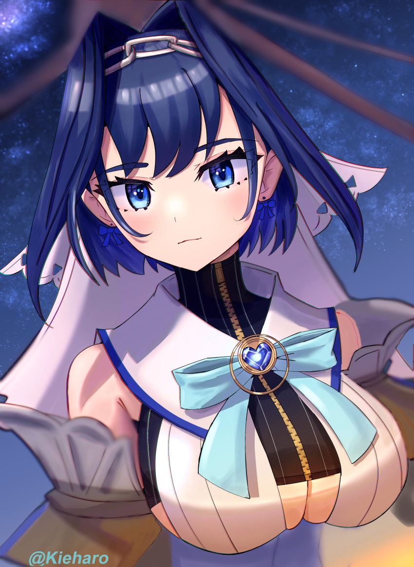 1girl absurdres blue_eyes blue_hair breasts chain cleavage_cutout clothing_cutout commentary english_commentary hair_intakes headband heart-shaped_gem highres hololive hololive_english huge_filesize kieharo large_breasts looking_at_viewer mechanical_halo night night_sky ouro_kronii sailor_collar shirt sky sleeveless sleeveless_shirt solo star_(sky) starry_sky sweater turtleneck turtleneck_sweater twitter_username under_boob veil virtual_youtuber zipper