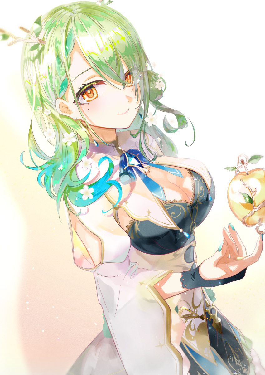 1girl absurdres antlers apple bangs blue_bow blue_nails bow branch breasts ceres_fauna dress flower food fruit golden_apple green_hair hair_between_eyes hair_flower hair_ornament highres hololive hololive_english huge_filesize iris_(tb33064667) large_breasts long_hair long_sleeves looking_at_viewer mole mole_under_eye nail_polish smile solo virtual_youtuber white_dress white_flower wide_sleeves wrist_cuffs yellow_eyes