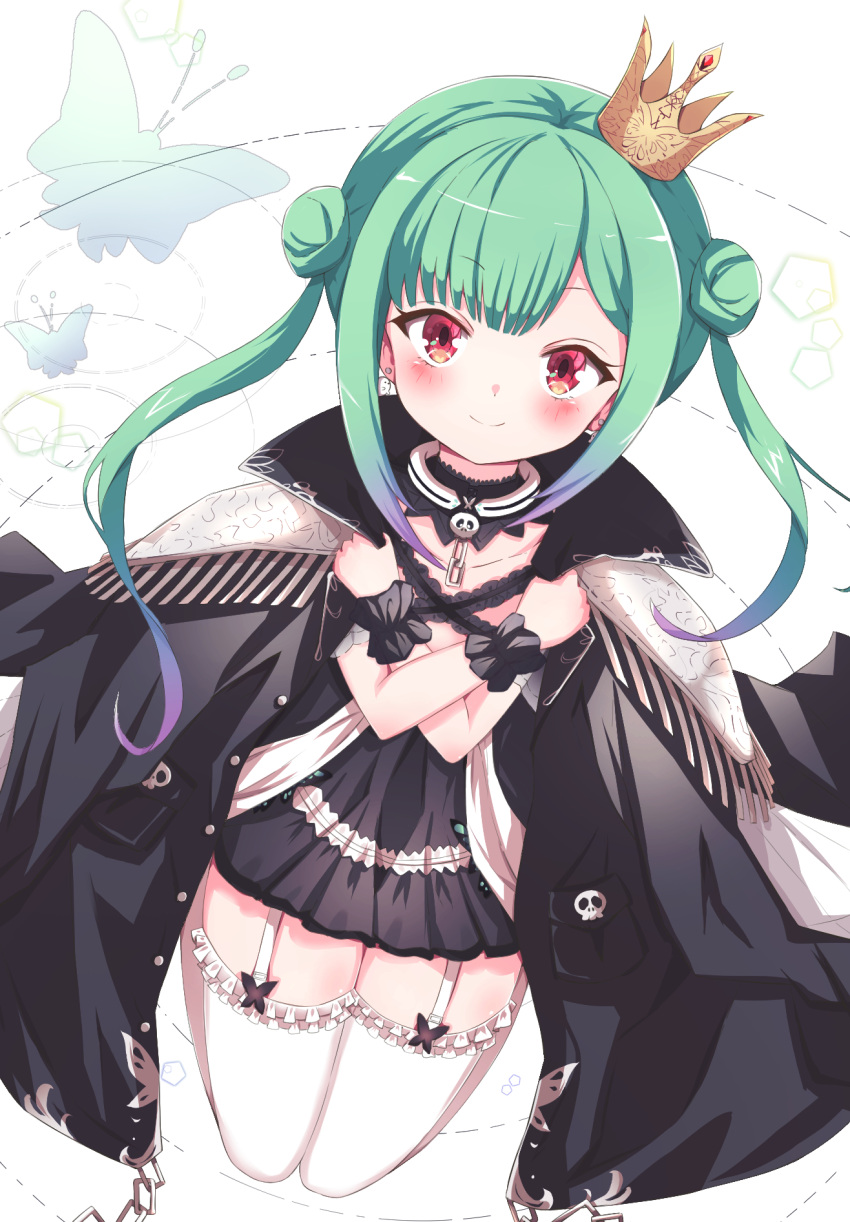 1girl asymmetrical_hair black_choker black_coat black_dress blush choker closed_mouth coat coat_on_shoulders crown double_bun dress flat_chest frilled_dress frilled_legwear frilled_straps frills from_above fumi_(fumibeing) garter_straps gradient_hair green_hair highres hololive kneeling lace lace_choker looking_at_viewer mini_crown multicolored_hair off-shoulder_dress off_shoulder popped_collar red_eyes short_dress short_sleeves sidelocks smile solo thigh-highs tilted_headwear twintails uneven_twintails uruha_rushia virtual_youtuber white_garter_straps white_legwear wristband