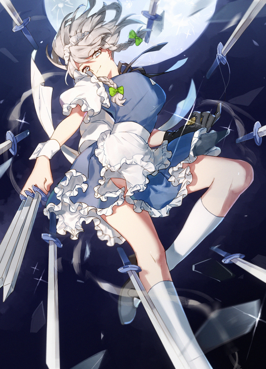 1girl absurdres aooni apron between_fingers black_gloves blue_dress blush braid breasts dress gloves grey_eyes hair_ribbon head_tilt highres holding holding_knife izayoi_sakuya knife knives_between_fingers large_breasts maid_apron maid_headdress mary_janes pocket_watch ribbon shards shine shoes short_hair silver_hair smile solo touhou tress_ribbon twin_braids watch white_legwear wrist_cuffs