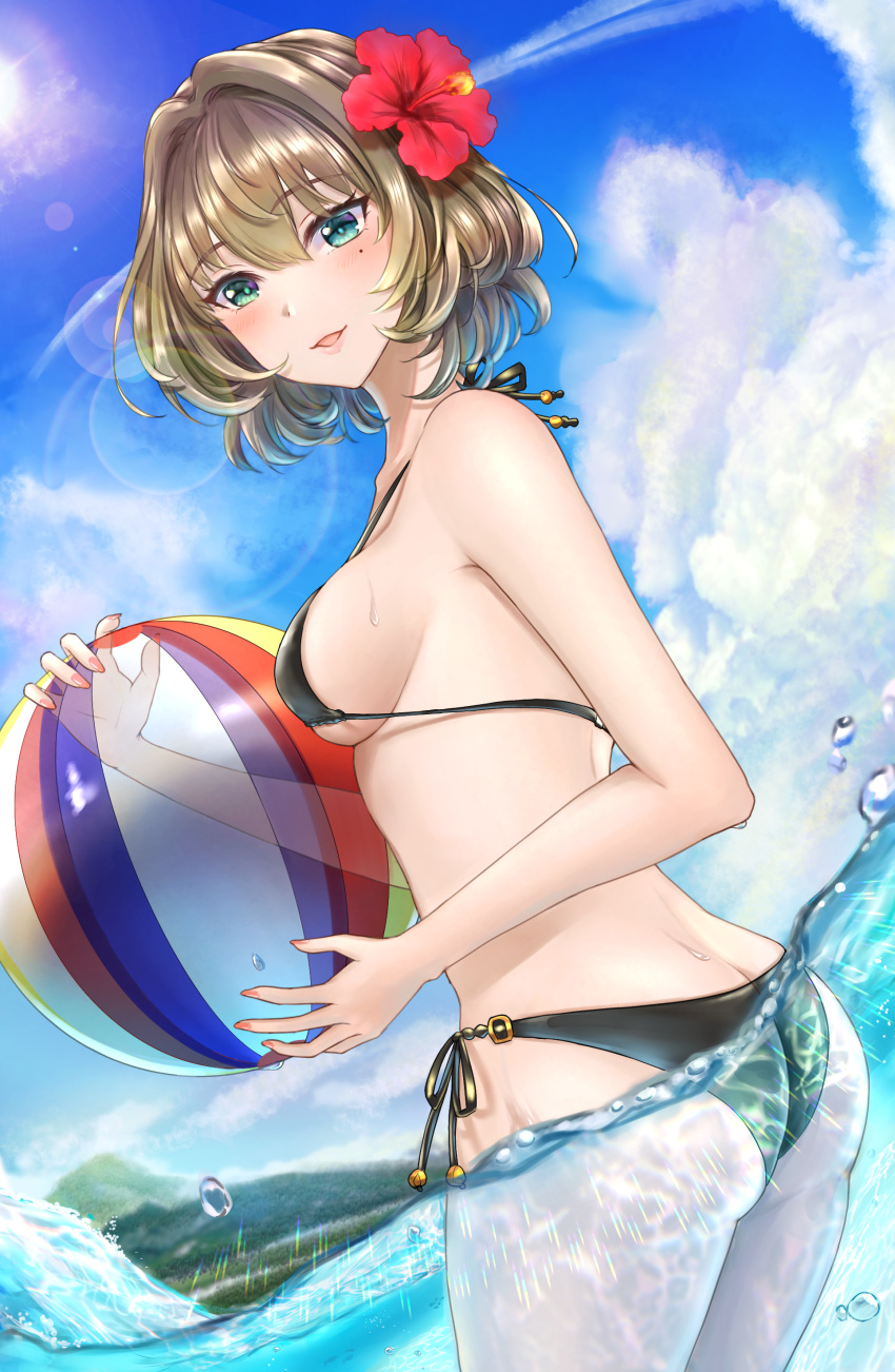 1girl absurdres aqua_eyes ass ball bangs beachball bikini black_bikini blue_sky breasts brown_hair butt_crack clouds commentary condensation_trail day eyebrows_visible_through_hair flower hair_flower hair_ornament hibiscus highres holding holding_ball idolmaster idolmaster_cinderella_girls lens_flare lips looking_at_viewer mountainous_horizon nail_polish nyome991 ocean open_mouth outdoors partially_submerged short_hair side-tie_bikini sideboob sky small_breasts smile solo standing sun swimsuit takagaki_kaede thighs water_drop