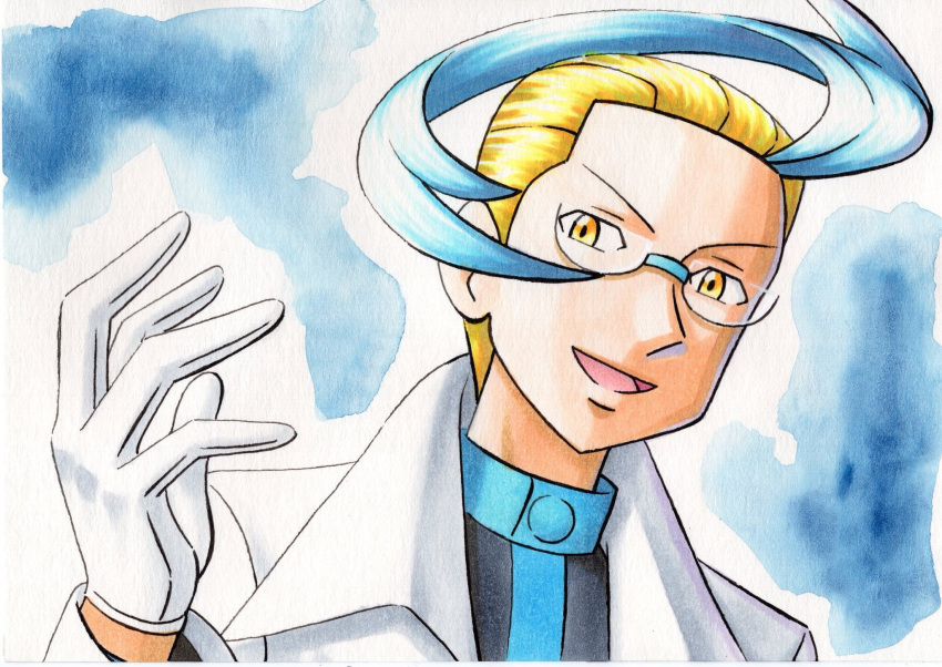 1boy :d black_jacket blonde_hair blue_background blue_hair colress_(pokemon) commentary_request glasses gloves highres jacket labcoat long_sleeves male_focus multicolored_hair oka_mochi open_mouth pokemon pokemon_(game) pokemon_bw2 short_hair smile solo tongue traditional_media two-tone_hair upper_body white_gloves yellow_eyes