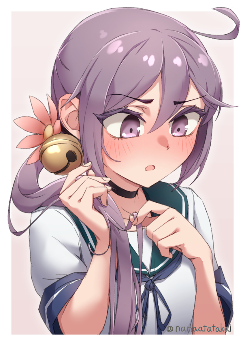 1girl absurdres akebono_(kancolle) bell breasts flower hair_bell hair_flower hair_ornament highres jingle_bell kantai_collection long_hair namaata playing_with_own_hair purple_hair school_uniform serafuku short_sleeves side_ponytail small_breasts solo upper_body very_long_hair violet_eyes